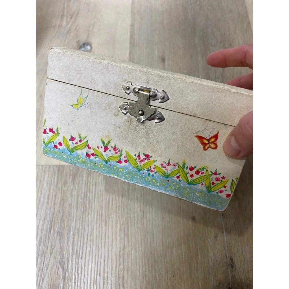 Vintage Powell Jewelry Box Blue Satin Lining Illustrated Girls Butterflies